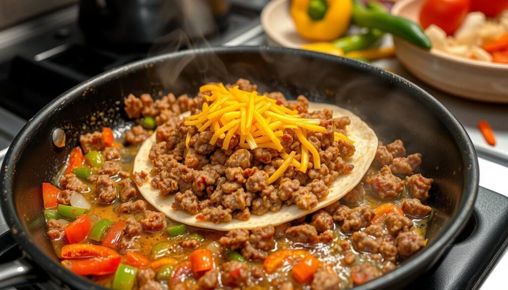 ground beef quesadilla cooking process