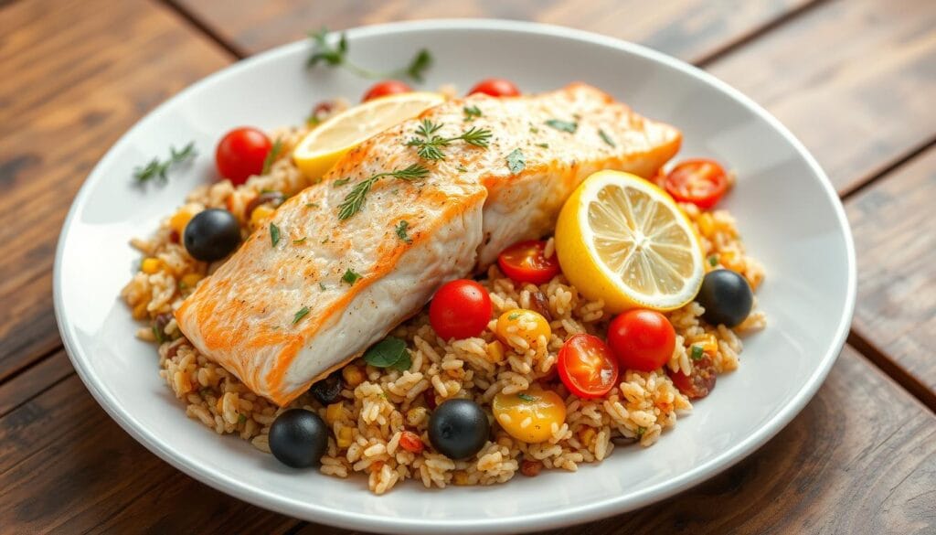 mediterranean salmon rice pilaf