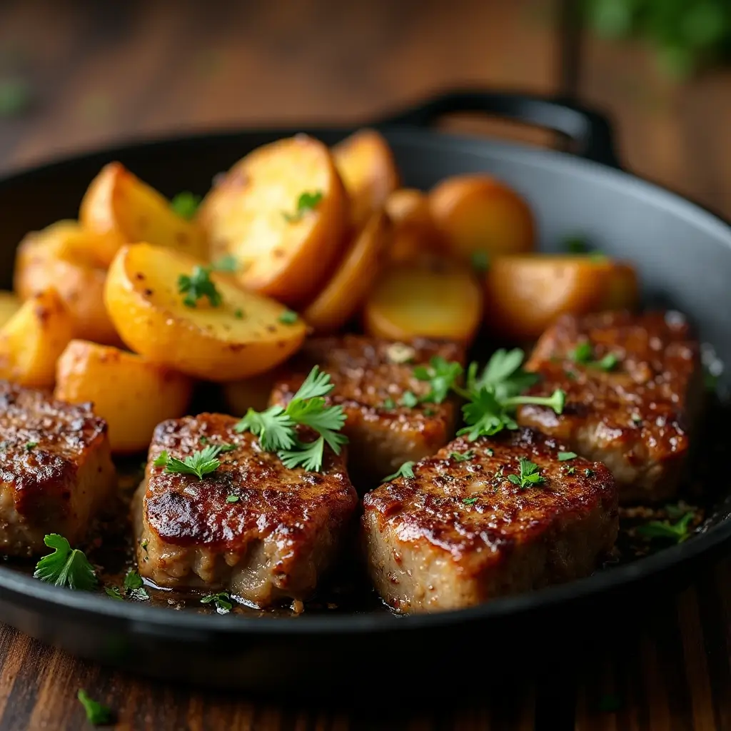 Garlic butter steak bites and potatoes