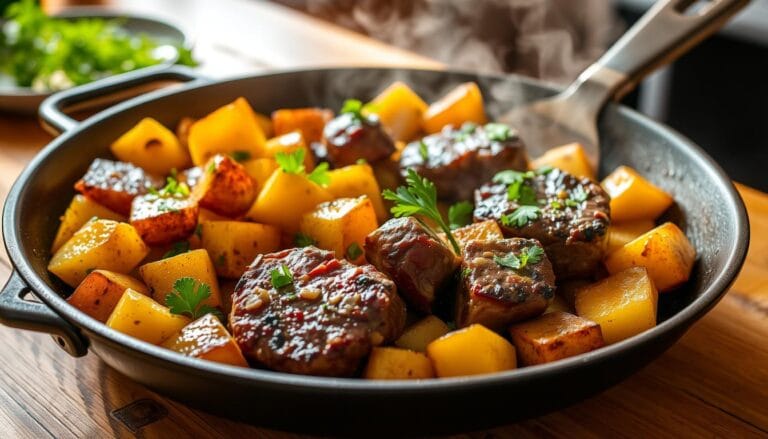 Garlic butter steak bites and potatoes