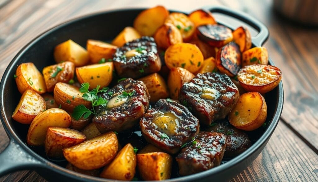 Garlic butter steak bites and potatoes