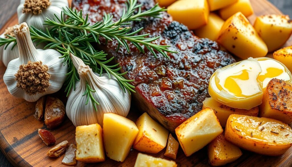 Garlic butter steak bites and potatoes