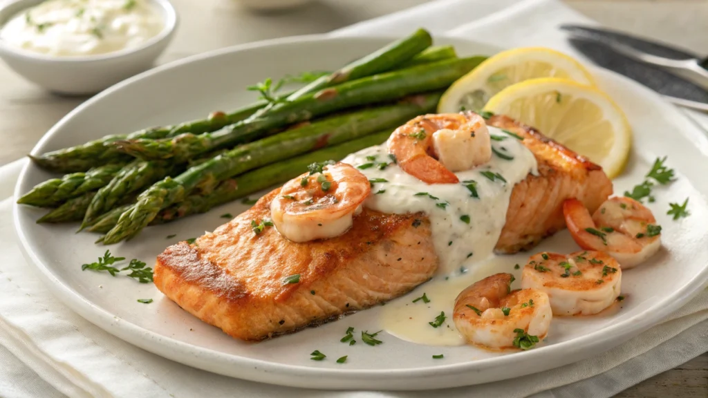 Salmon and Shrimp with Creamy Garlic Sauce