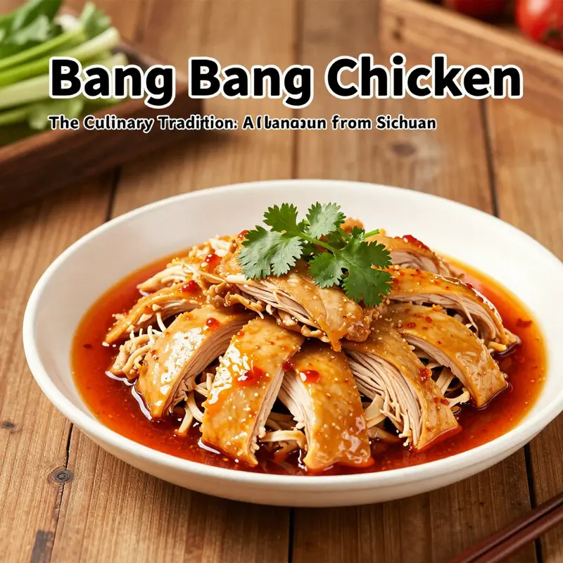 A traditional serving of Bang Bang Chicken, showcasing its vibrant colors and unique presentation.