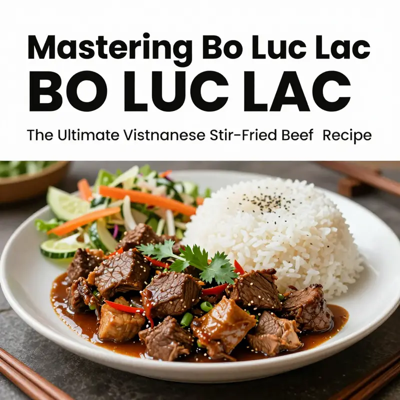 An elegantly plated Bo Luc Lac with garnishes, served with rice and salad.