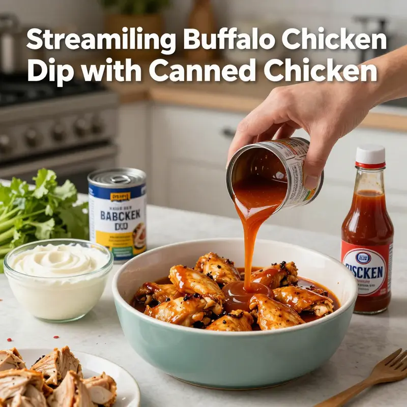 Ingredients for buffalo chicken dip, highlighting the convenience of using canned chicken.