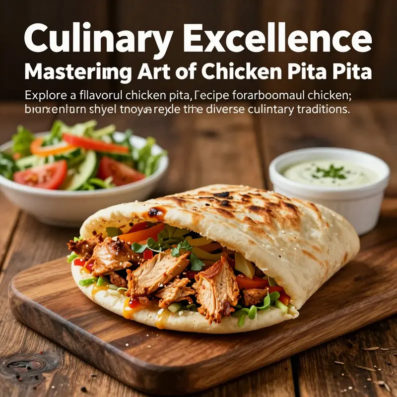 A close-up image of a chicken pita sandwich with a vibrant salad and dipping sauce on a rustic table.