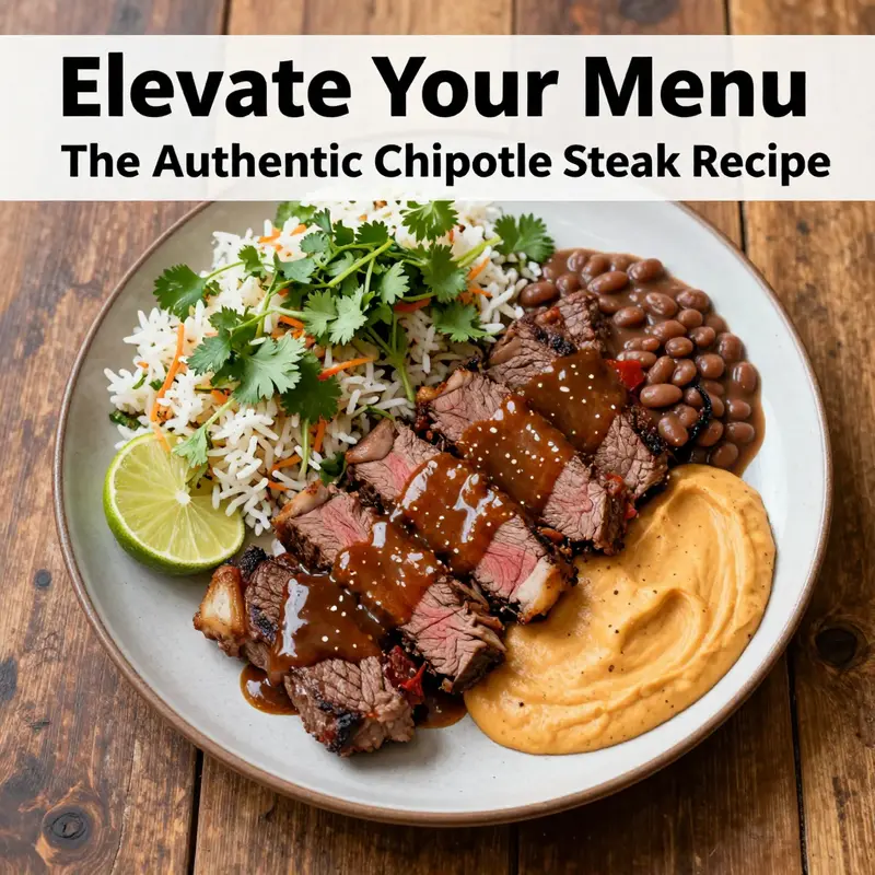 Overhead view of a Chipotle steak dish including sliced steak, rice, and beans on a rustic table.