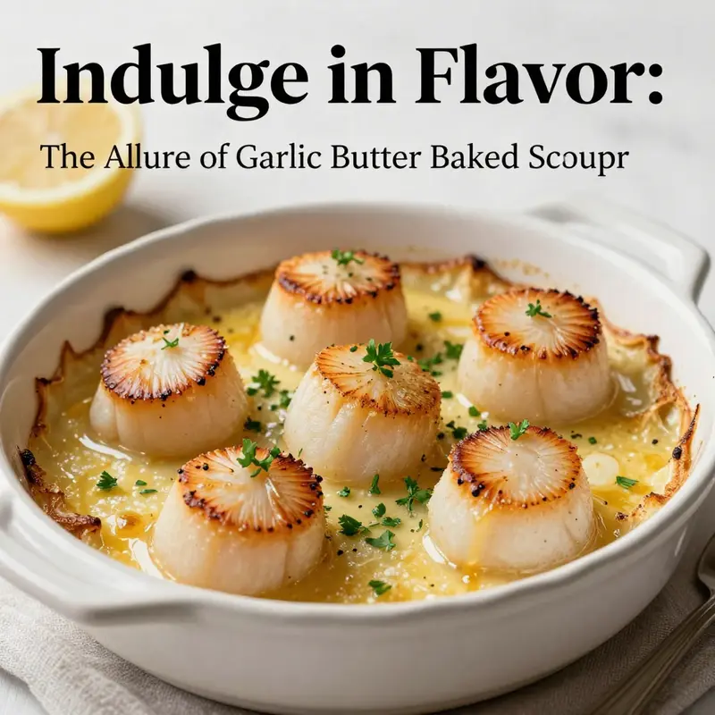 A beautifully arranged dish of garlic butter baked scallops, ready to impress diners.