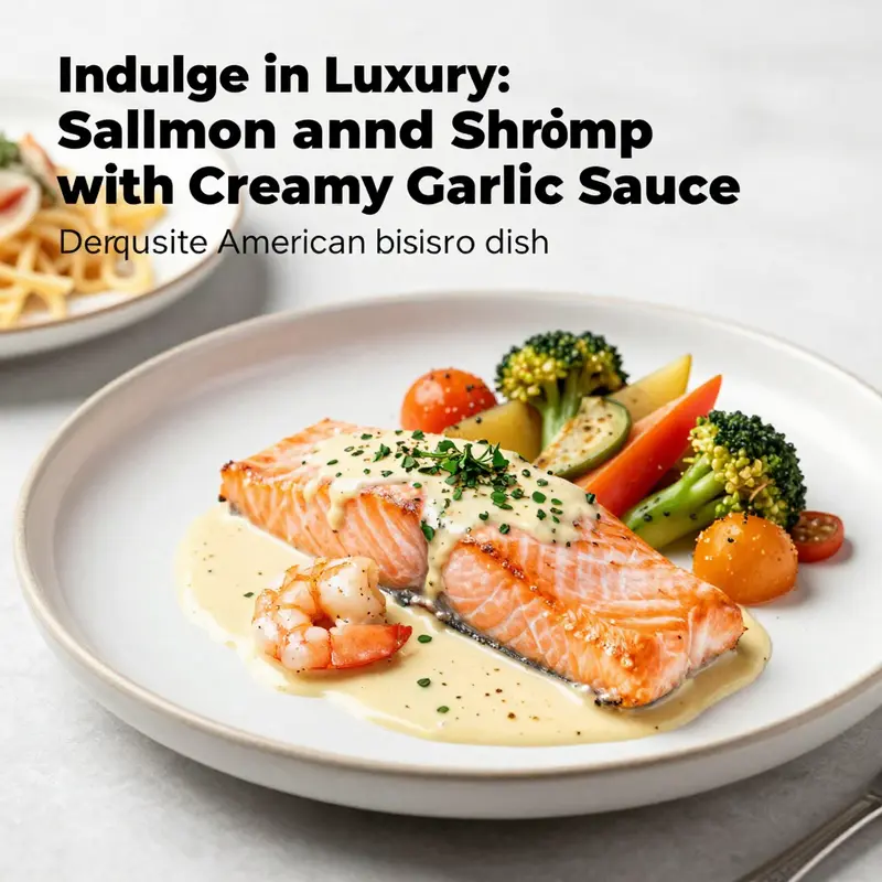 A plated dish featuring salmon and shrimp in creamy garlic sauce with vegetables and pasta, highlighting the detailed presentation.