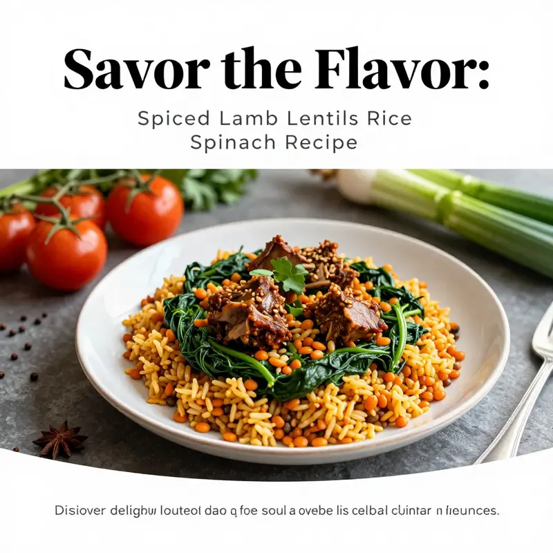 An elegantly set dining table with spiced lamb lentils rice surrounded by fresh ingredients, inviting guests to a hearty meal.