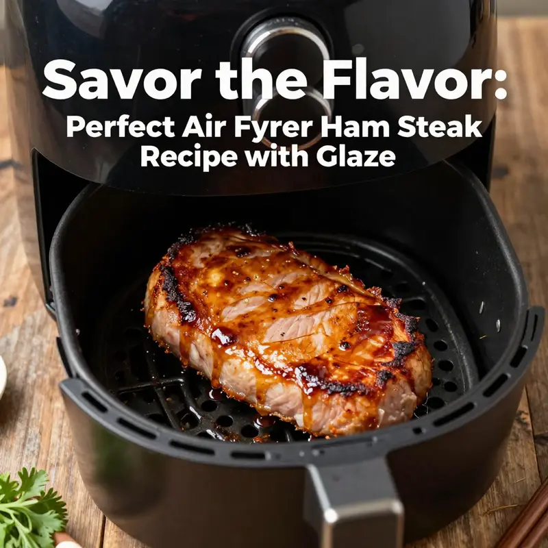 A succulent air fryer ham steak, showcasing its caramelized glaze and inviting presentation on a wooden table.