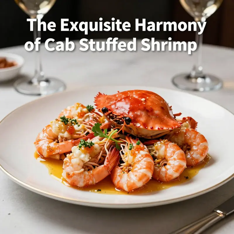 An exquisite crab stuffed shrimp dish presented on a fine dining table, illustrating sophistication and culinary art.