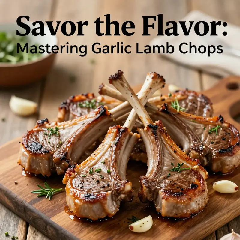Plate of garlic lamb chops garnished with herbs on a rustic table.