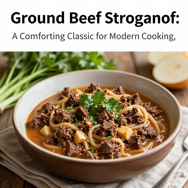 A close-up of ground beef stroganoff in a rustic bowl with fresh ingredients around it.