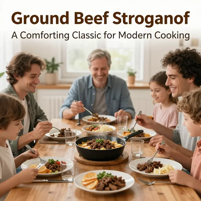 A delicious serving of ground beef stroganoff showcasing its rich sauce and garnishes.