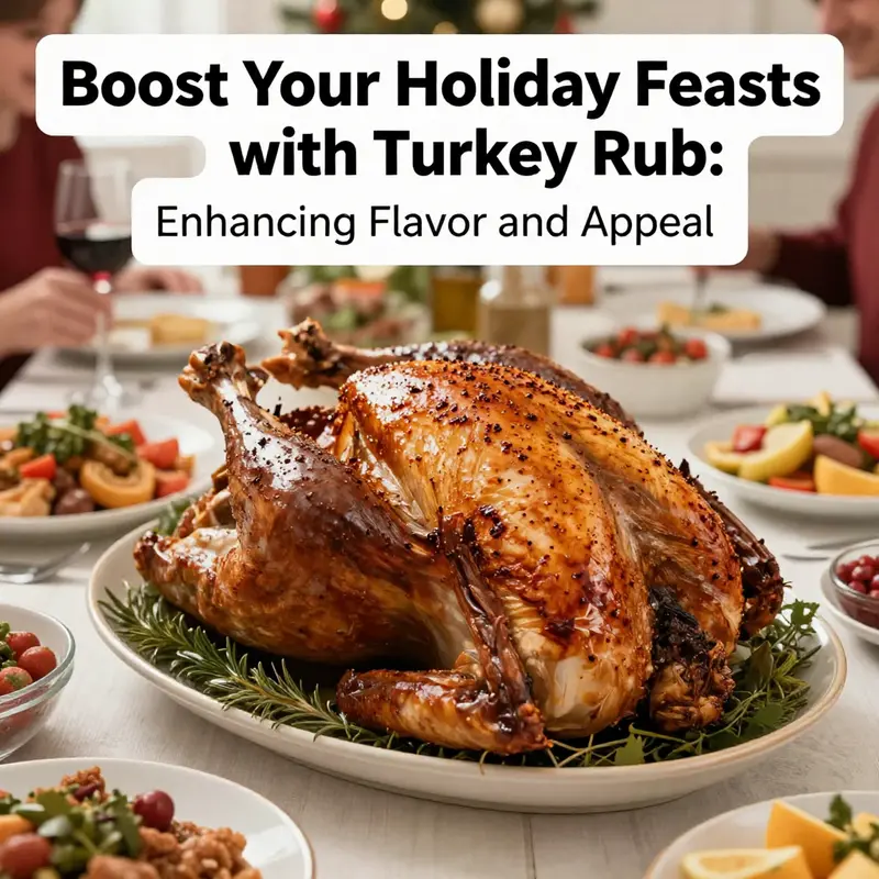 A beautifully set dining table with a roasted turkey seasoned with turkey rub and various side dishes for a holiday feast.