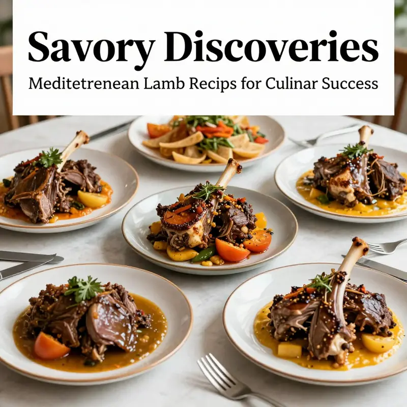 A dining table featuring various Mediterranean lamb dishes, emphasizing vibrant colors and culinary richness.