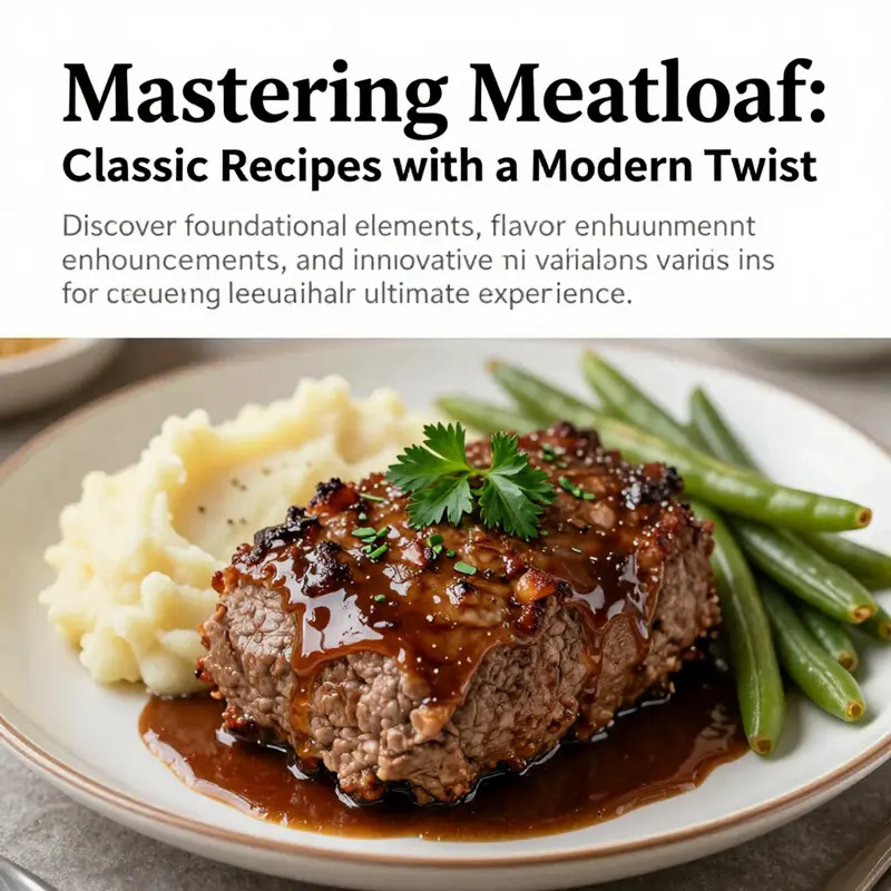 A plated meatloaf with rich glaze and garnishes, served with traditional sides of mashed potatoes and green beans.