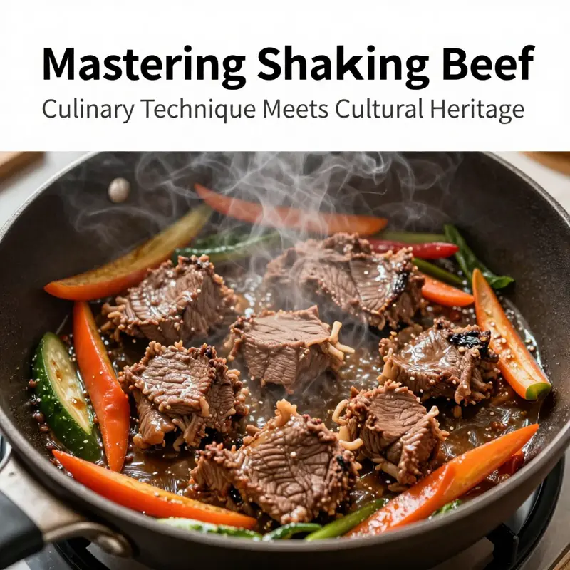 Sizzling shaking beef with vibrant vegetables showcasing the cooking technique.
