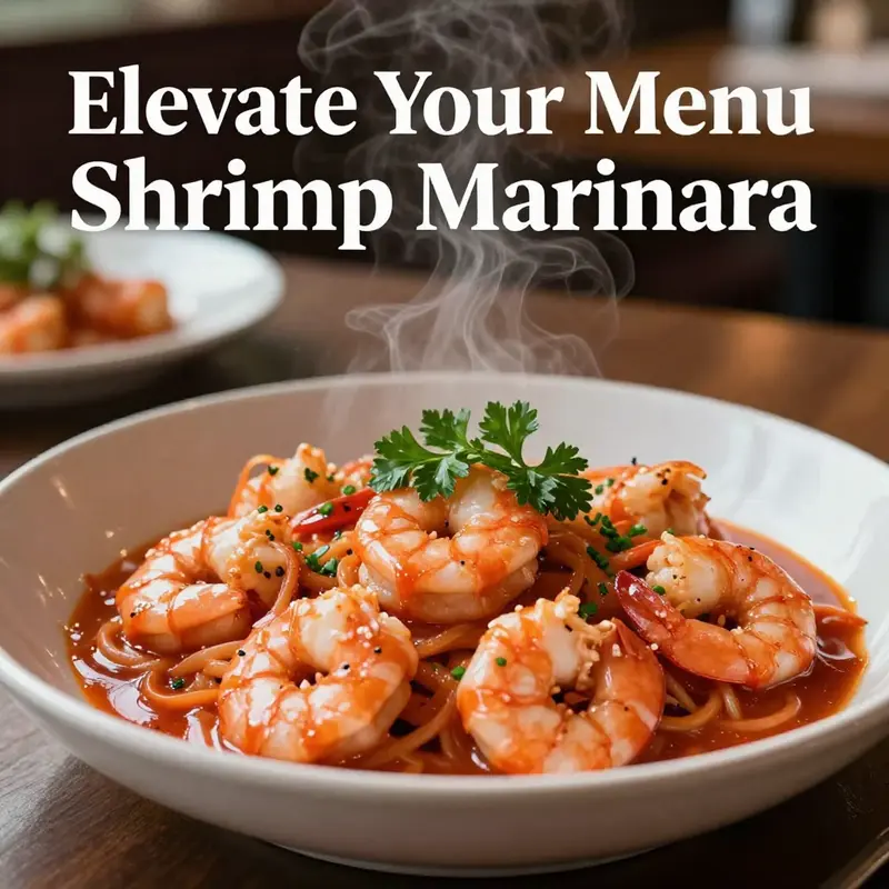 A bowl of shrimp marinara garnished with parsley, set in an ambient restaurant environment.