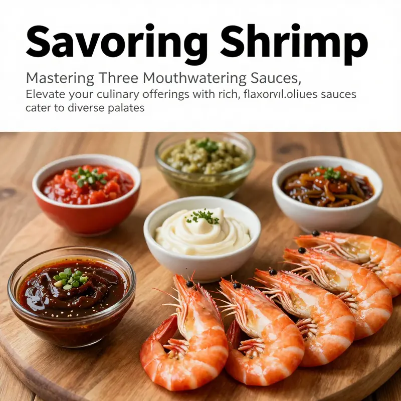 An array of shrimp dishes in various sauces presented beautifully on a rustic wooden table.