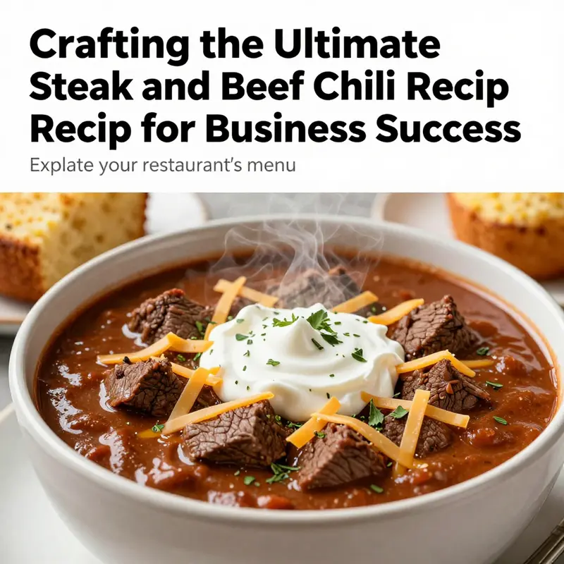 A steaming bowl of rich steak and beef chili topped with cheese and herbs.