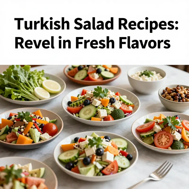 An elegant arrangement of various Turkish salads, highlighting vibrant colors and fresh ingredients.