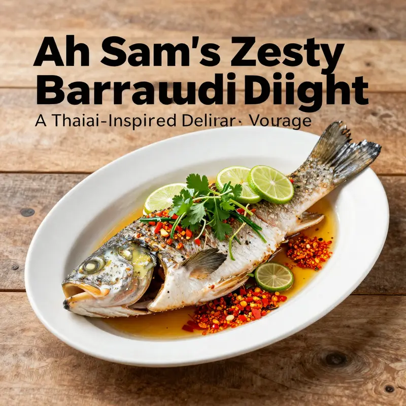 Ah Sam’s Zesty Barramundi presented with fresh herbs and lime, representing the freshness of Thai cuisine.