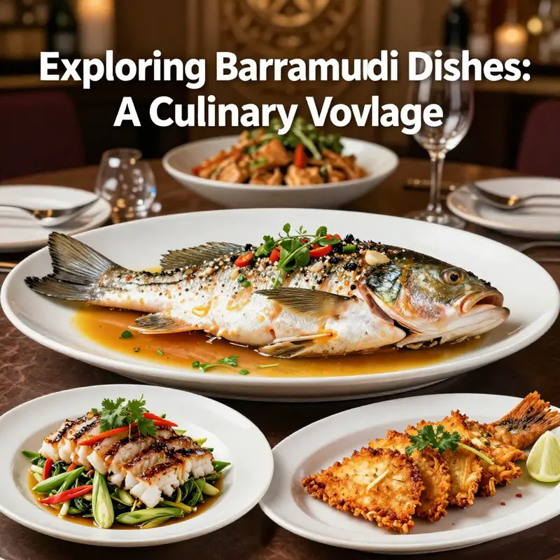 A collage of diverse barramundi dishes including Thai and Australian preparations set in a luxurious dining ambiance.