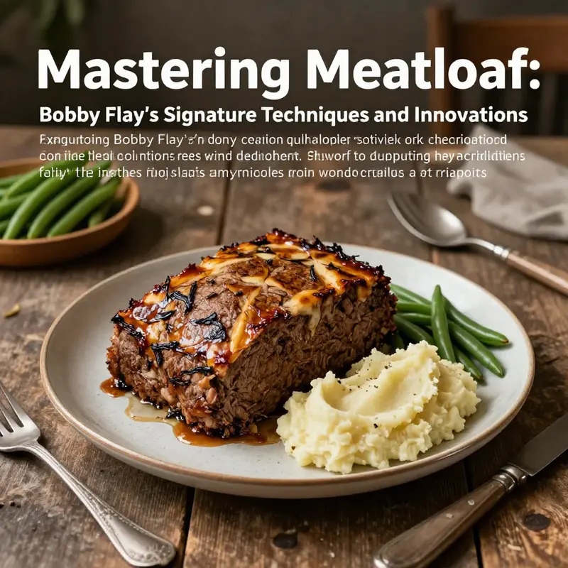 Freshly baked meatloaf with mashed potatoes and green beans on a rustic dining table.