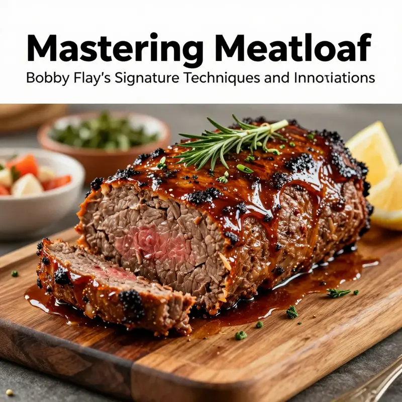 An elegant presentation of Bobby Flay’s meatloaf showcasing his unique culinary techniques and ingredients.