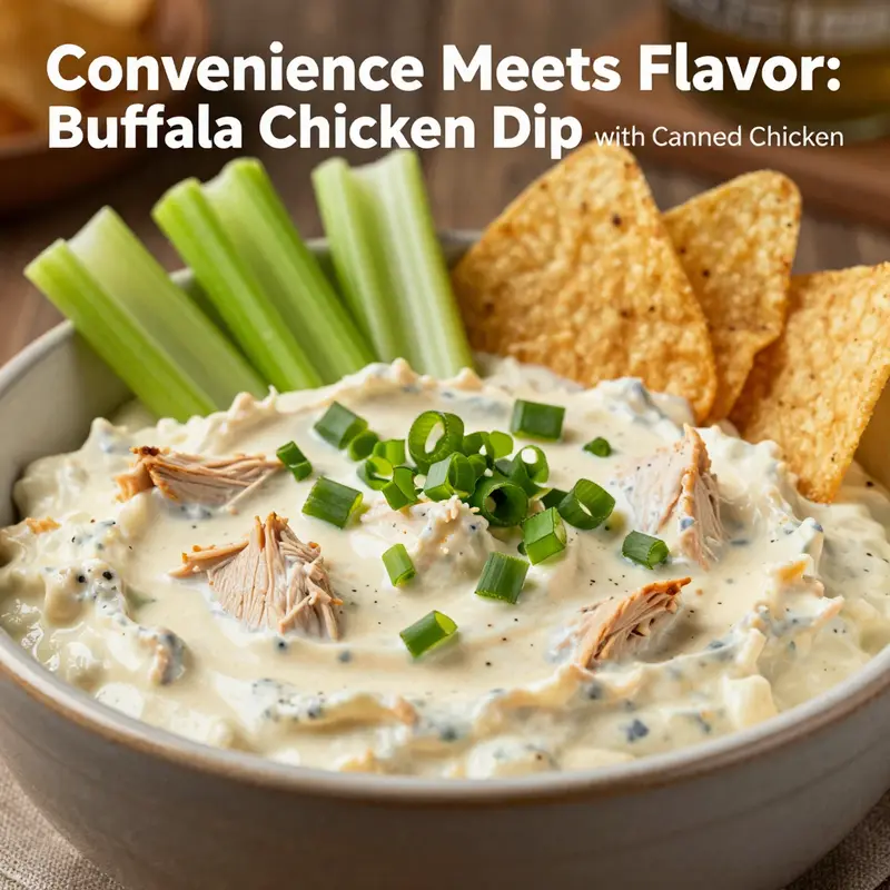 A vibrant bowl of Buffalo chicken dip garnished with green onions, ready for serving with tortilla chips.