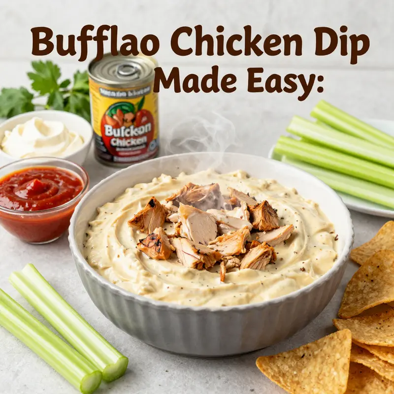 Delicious buffalo chicken dip prepared with canned chicken, showcasing vibrant colors and an inviting presentation.