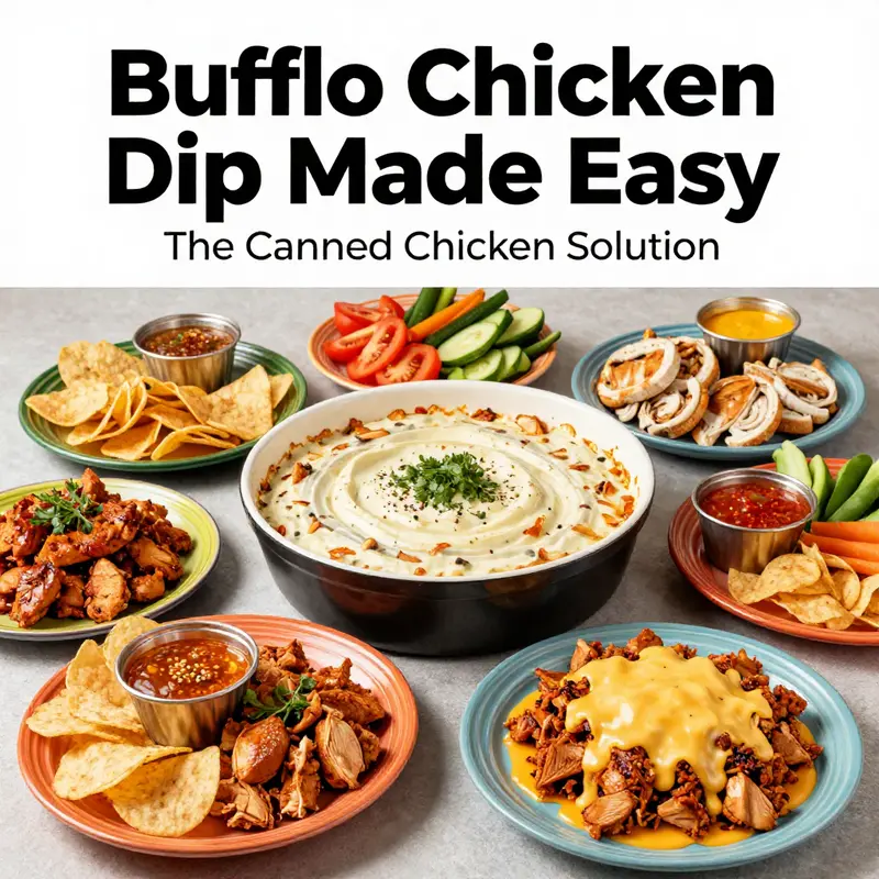 Delicious buffalo chicken dip prepared with canned chicken, showcasing vibrant colors and an inviting presentation.