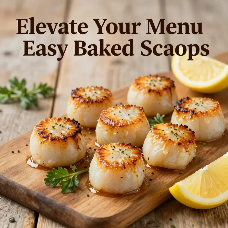 Plated baked scallops, golden brown with herbs and lemon, inviting customers to enjoy a gourmet seafood experience.