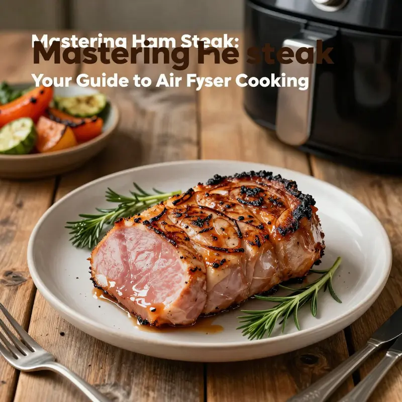 A beautifully plated ham steak with fresh herbs and colorful sides on a wooden table.