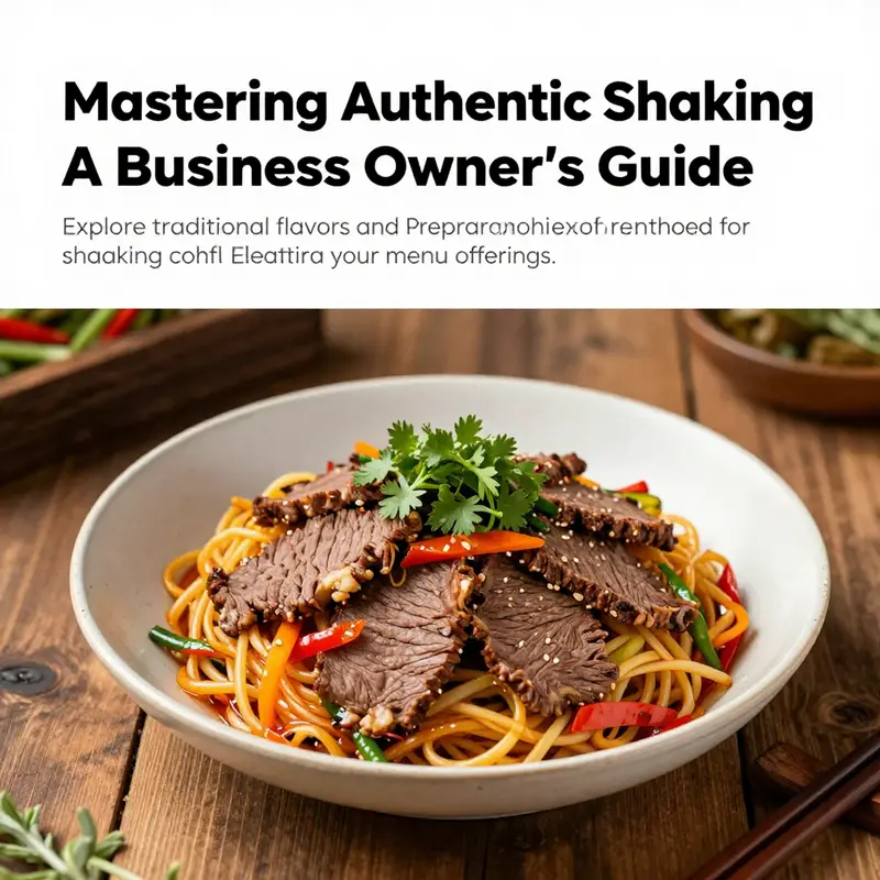 Plated shaking beef dish with garnishes on a rustic table, emphasizing its authentic Vietnamese roots.