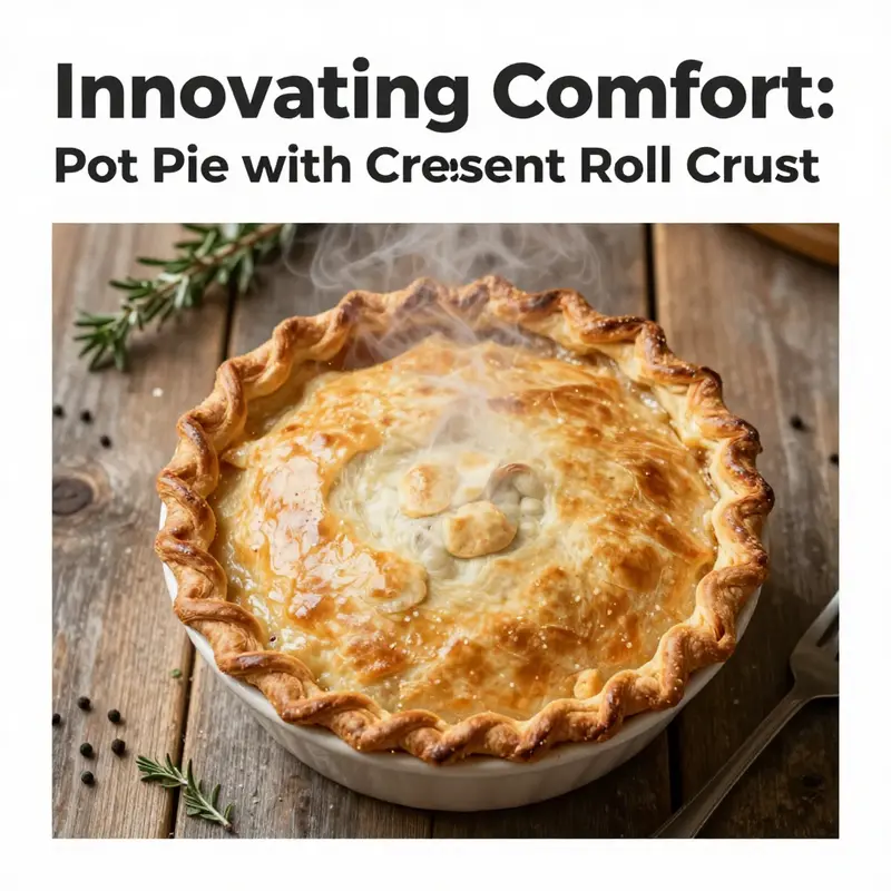 An inviting pot pie with a flaky crescent roll crust, steam rising in a rustic kitchen setting.