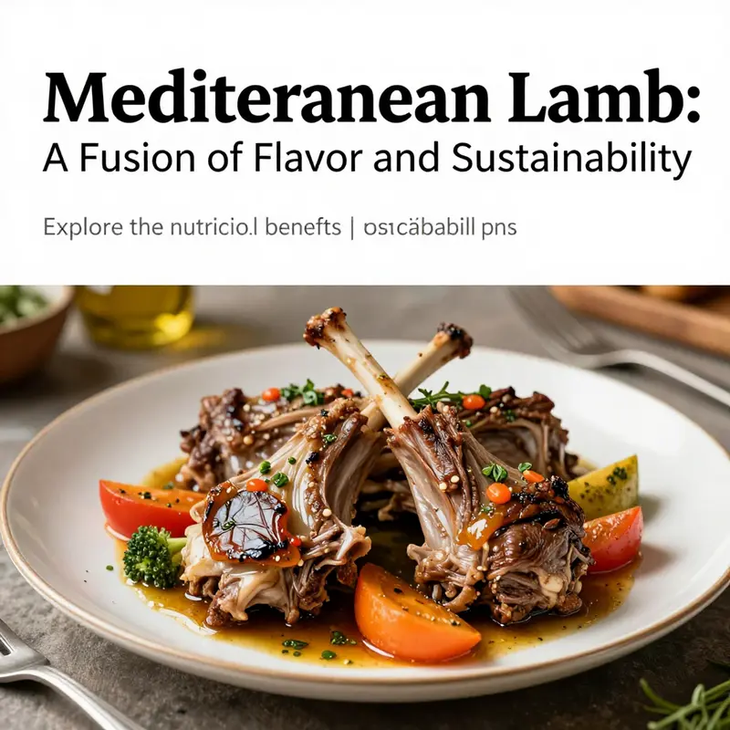 Gourmet plated Mediterranean lamb dish surrounded by fresh herbs and colorful vegetables.