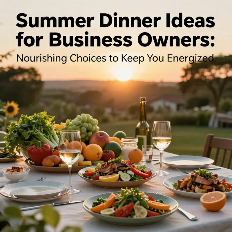 An elegant summer dinner table set with fresh, colorful dishes and a sunset backdrop, inviting a relaxing dining experience.