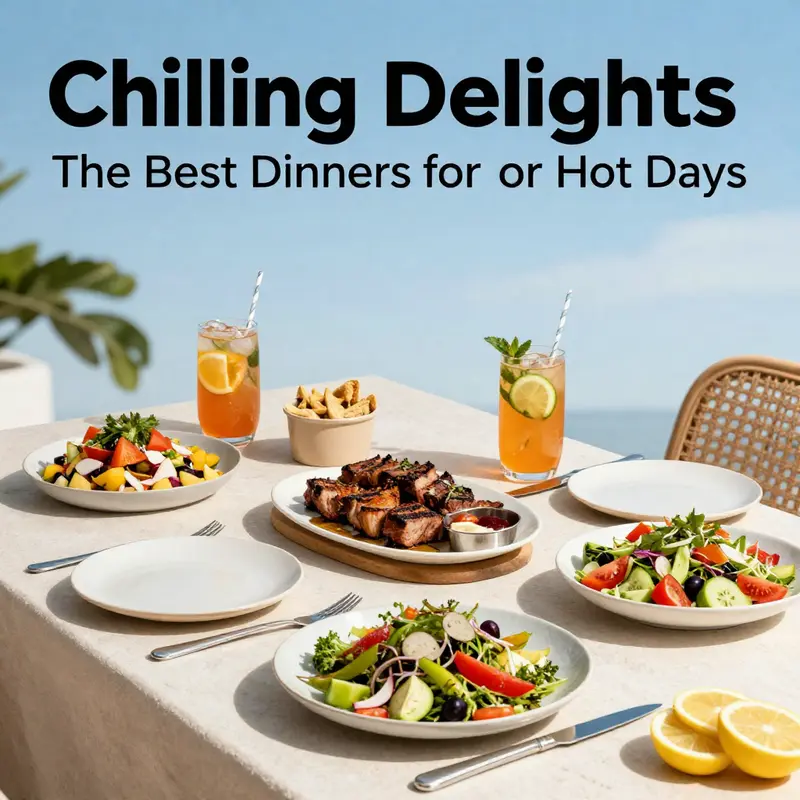 A beautifully arranged summer dinner table showcasing an array of light, refreshing dishes.