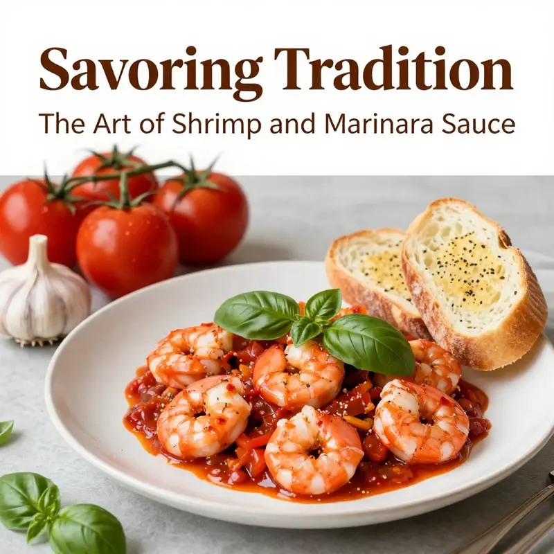 A plate of shrimp in marinara sauce, decorated with fresh herbs, embodying the dish’s culinary foundations.