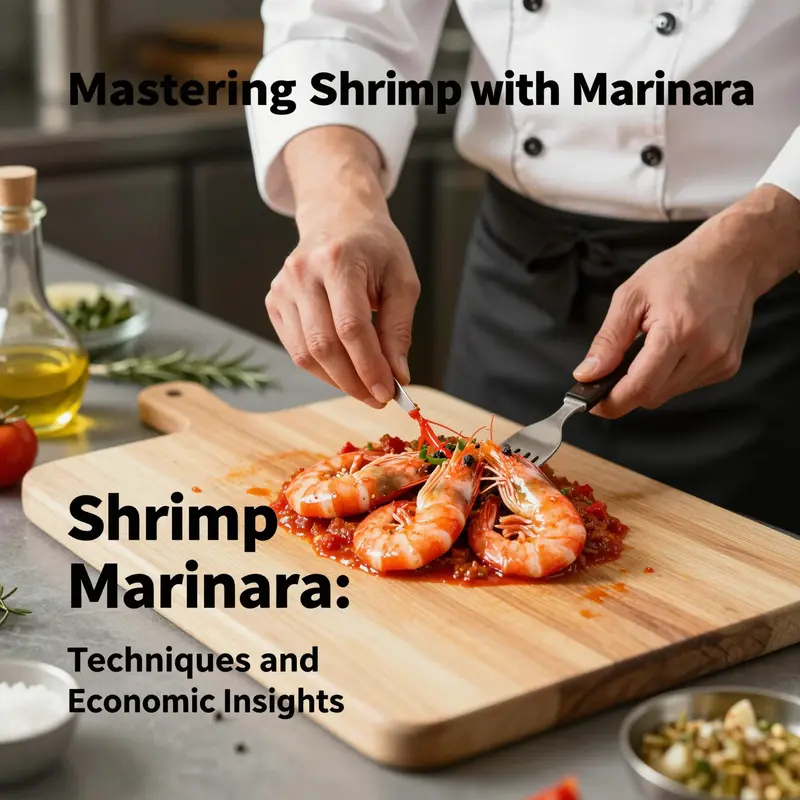 A chef prepares shrimp with marinara, highlighting the techniques involved in creating this classic dish.