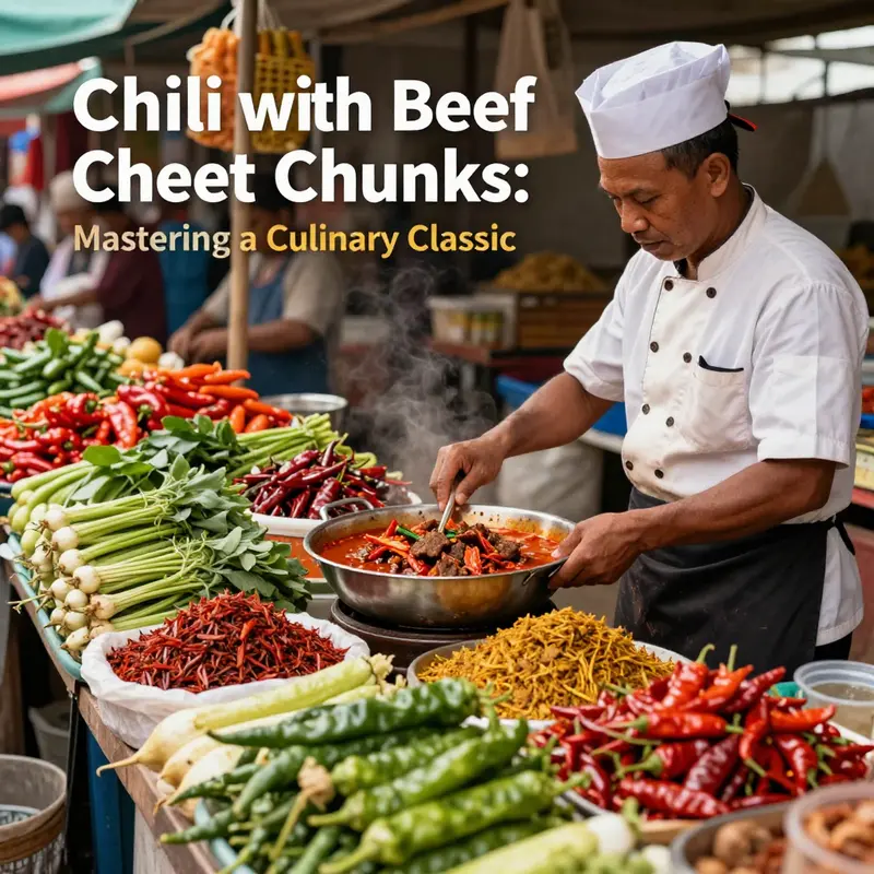 A bowl of rich, aromatic chili made with beef chunks, showcasing the skill and care in its preparation.