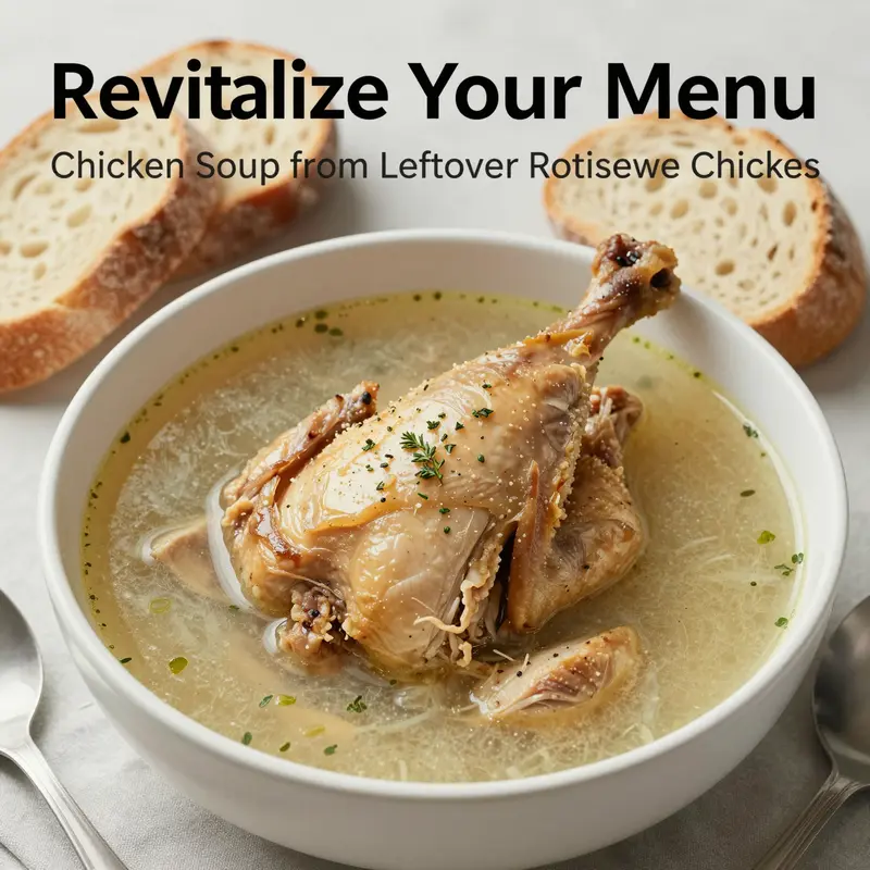 Bowl of chicken soup made from leftover rotisserie chicken, garnished with fresh herbs and served with bread.