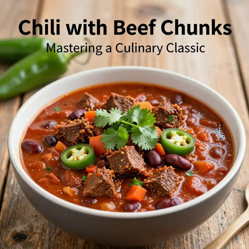 A bowl of rich, aromatic chili made with beef chunks, showcasing the skill and care in its preparation.