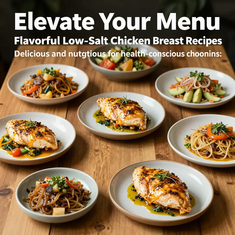 A table filled with various low-salt chicken breast dishes and colorful vegetable sides, representing healthy eating.