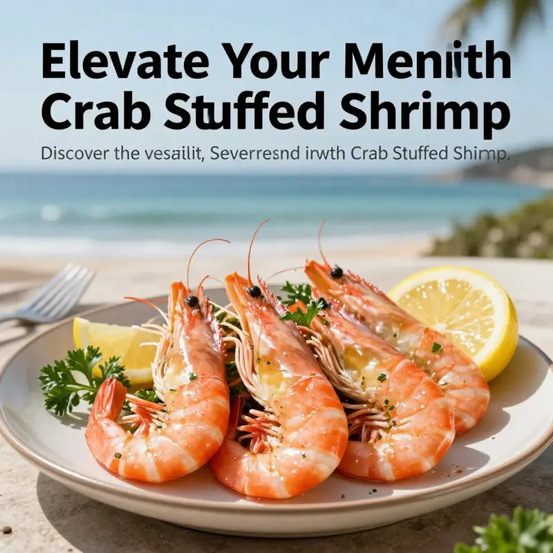 Finished crab stuffed shrimp garnished with lemon and herbs, presented elegantly on a plate.
