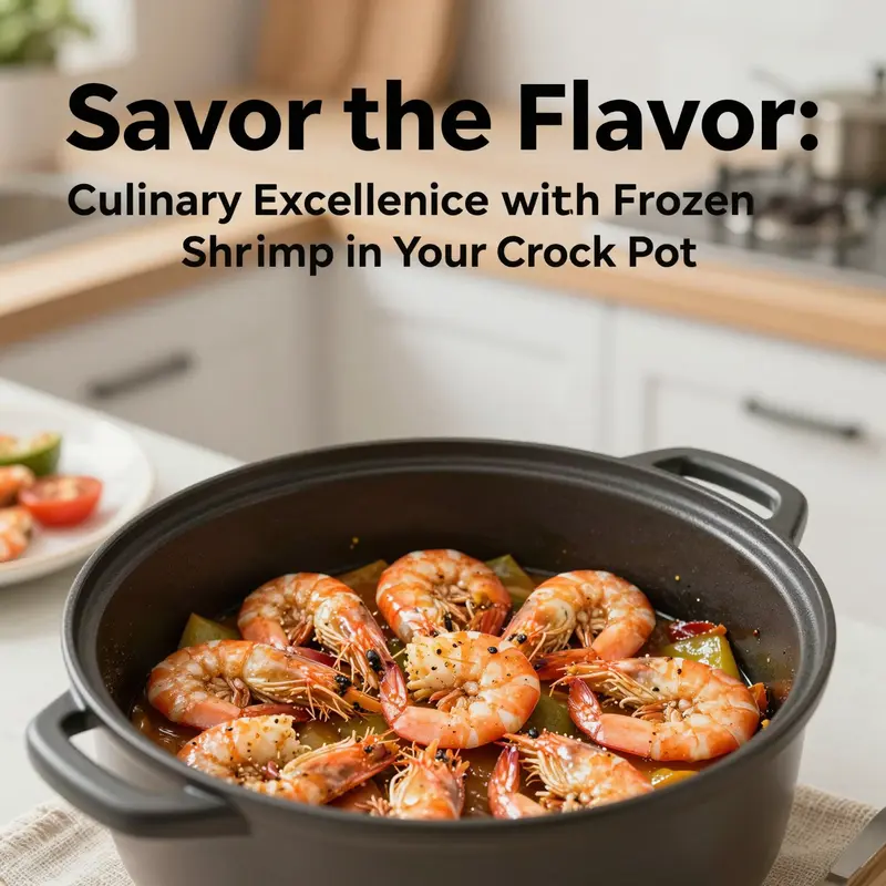 A crock pot filled with shrimp and vegetables, symbolizing easy meal preparation.